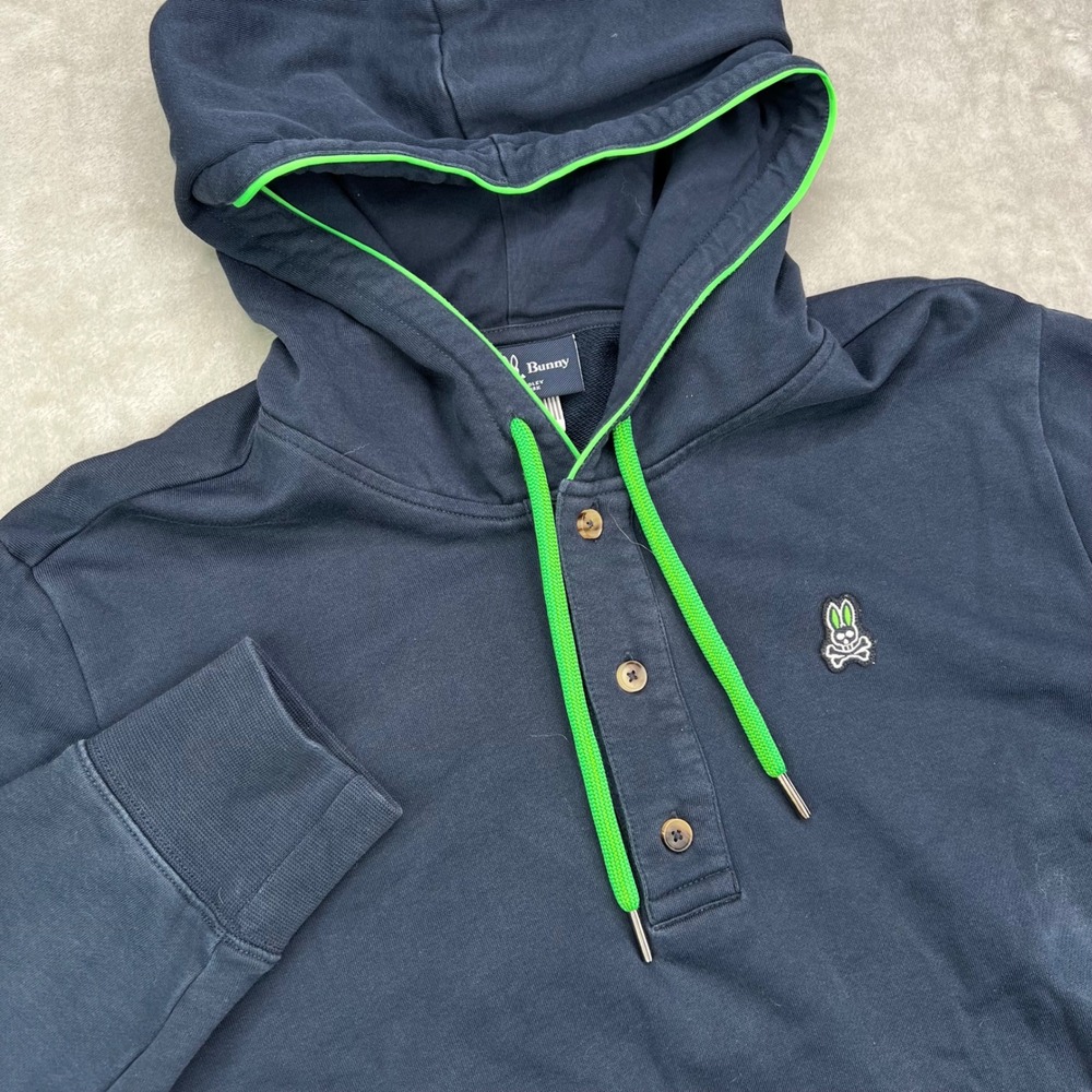 Psycho Bunny Henley‎ Hoodie Mens 5 Navy Blue Neon Green Trim Cotton Pullover